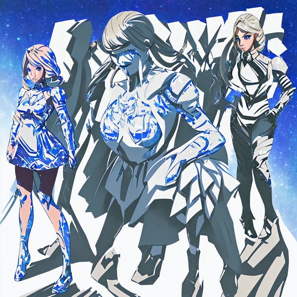 in space, an armored warrior (lovely woman, skin tight cyber armor) poses with star light gleaming, action poses, high tech weapons
