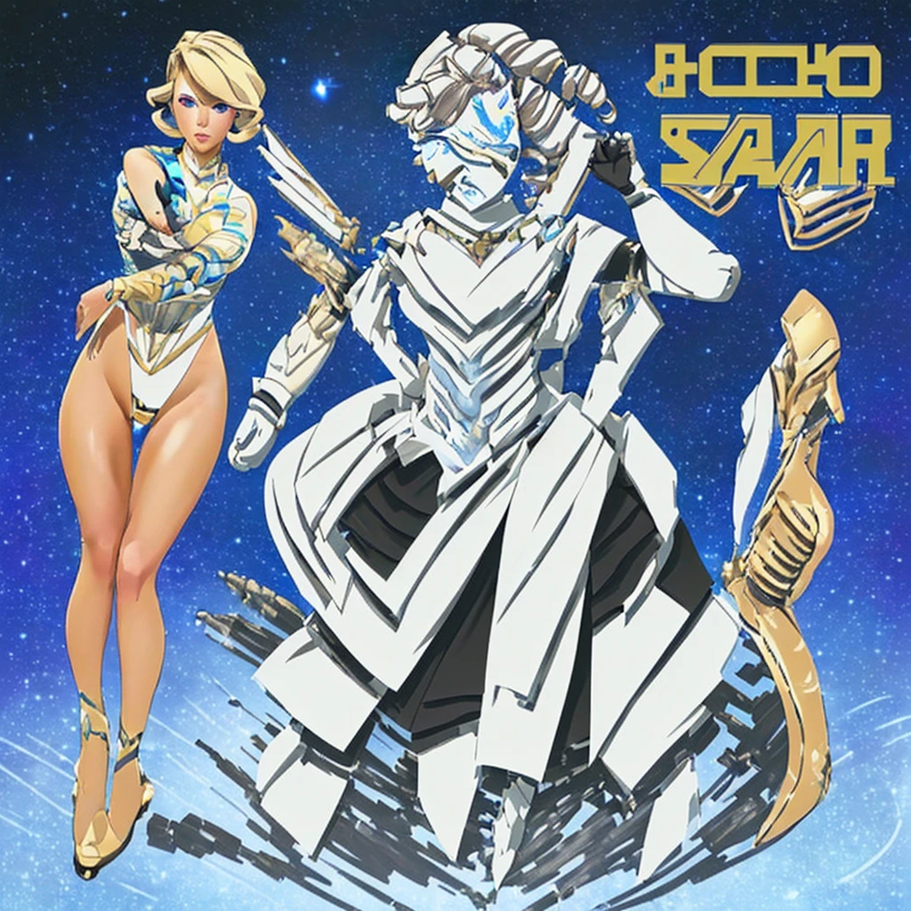 in space, an armored warrior (lovely woman, skin tight cyber armor) poses with star light gleaming, action poses, high tech weapons