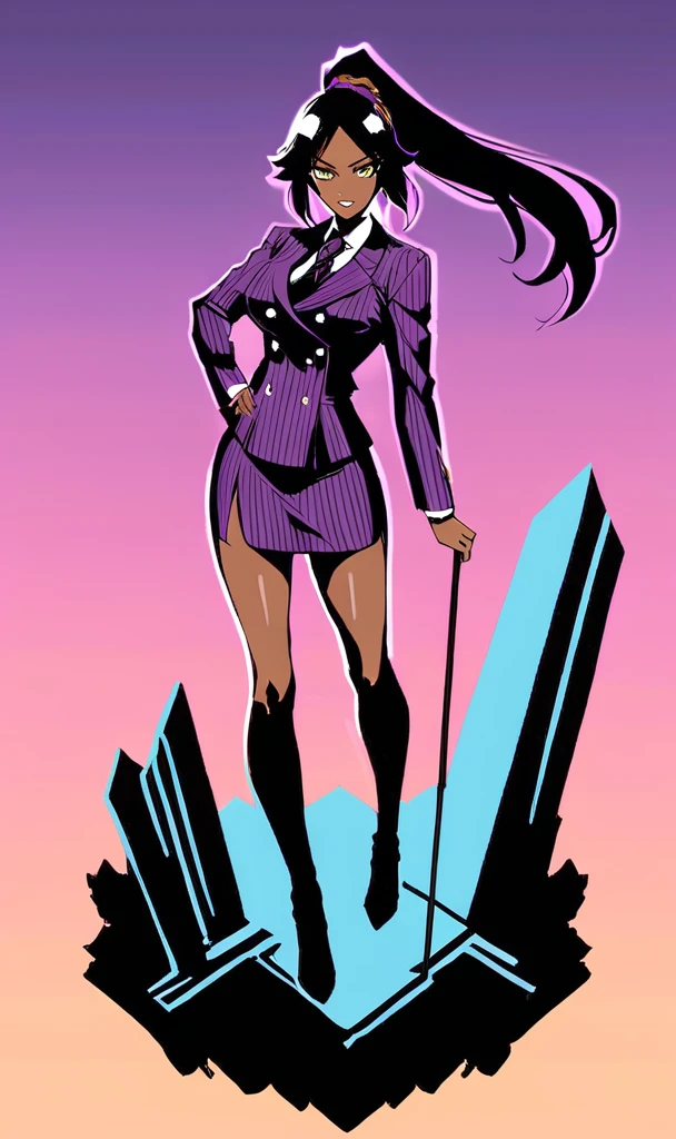  Yoruichi as a thin Black business woman in a double breasted pinstripe purple  skirt suit while wearing a tie with a knee long purple pinstripe skirt full body 
