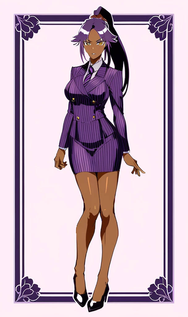 Yoruichi as a thin Black business woman in a double breasted pinstripe purple skirt suit while wearing a tie with a knee long purple pinstripe skirt full body