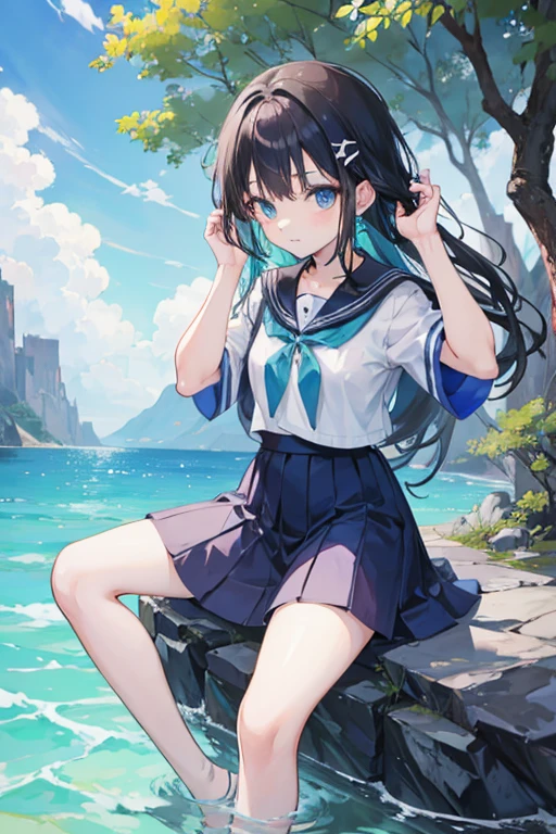Anime girl sitting on a rock with her hands up, Shimoo's pastel paintings, Pixiv, fur art, Full Body Commission, Short full body portrait!, oc commission, Enchanting anime girl, top rated on Pixiv, High resolution consignment, at Pixiv, Anime Moe Art Style, haruno sakura, shirabii