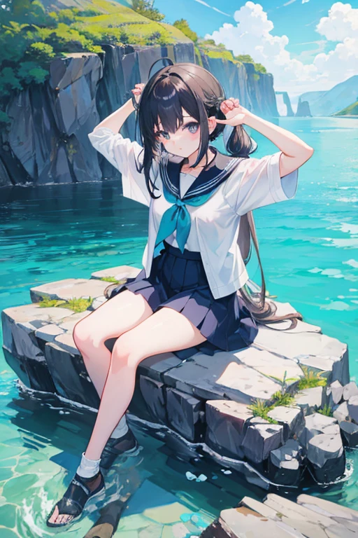 Anime girl sitting on a rock with her hands up, Shimoo&#39;s pastel paintings, Pixiv, fur art, Full Body Commission, Short full body portrait!, oc commission, Enchanting anime girl, top rated on Pixiv, High resolution consignment, at Pixiv, Anime Moe Art Style, haruno sakura, shirabii