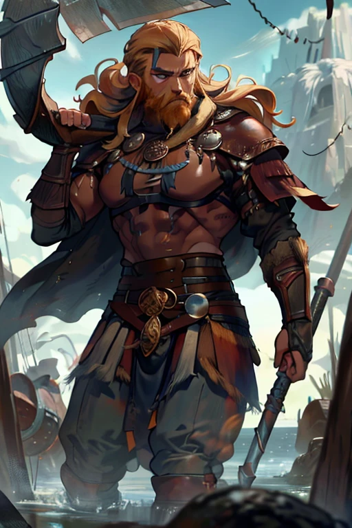 A muscular blond haired man with blue eyes with long hair and a dark beard in a Viking outfit is carrying treasure onto a Viking ship