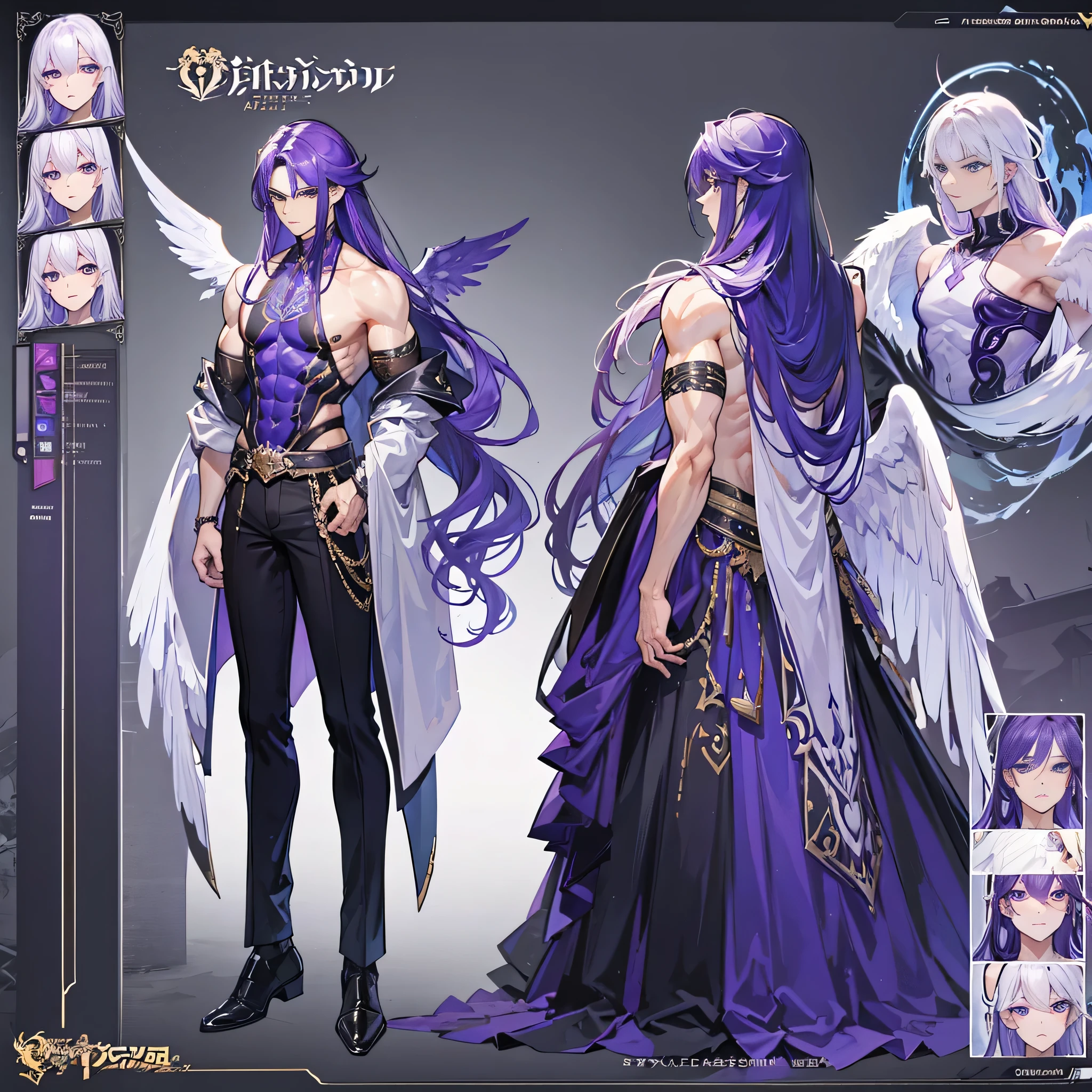 (Masterpiece, best quality), detailed, 1 man, ((character concept art)), ((character design sheet, same character, front, side, back)), full body, body complete, 1 Male, 1 Man, Detailed face, character design sheet,full bodyesbian, Highly detailed, character sheet, character design, Many parts, dark skin, angel wings, long purple hair, angel outfit, muscle male god, male clothes, masculine, muscle man, male muscle, manly, male angel, Muscle male with purple long hair,beautiful man, abs, pectoral muscle