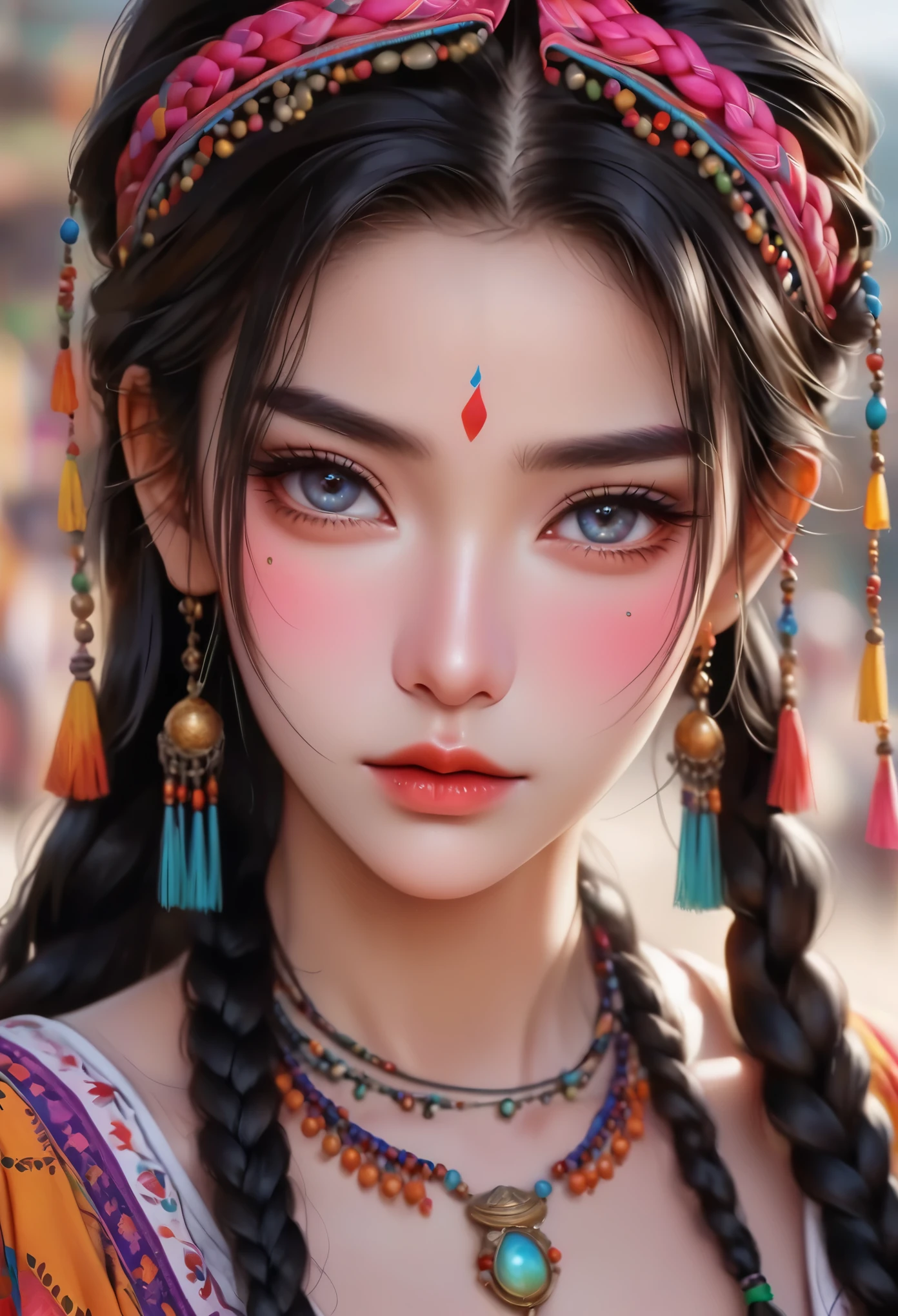 a beautiful young woman in traditional minority ethnic clothing, long flowing black hair with colorful braids, glowing skin, detailed facial features with intricate eye makeup, pearl necklace, blurred background, (best quality,4k,8k,highres,masterpiece:1.2),ultra-detailed,(realistic,photorealistic,photo-realistic:1.37),extremely detailed eyes and face,long eyelashes,beautiful detailed eyes,beautiful detailed lips,highly detailed skin with subtle freckles,delicate shoulders and arms,elegant flowing dress,intricate traditional minority ethnic patterns and designs