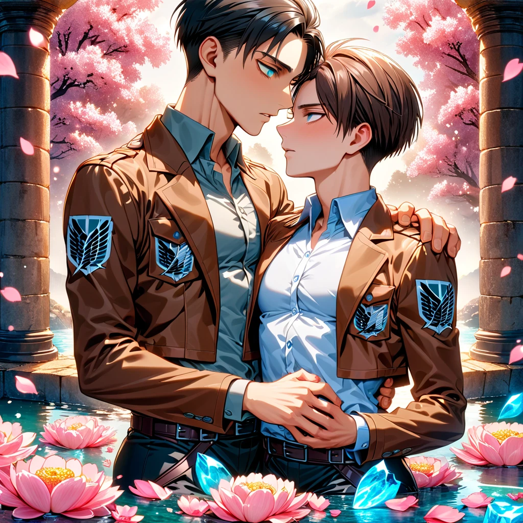 Ultra detailed, Highres, absurdres, HDR, master piece, Eren Jeager, brown hair, expressive turquoise eyes, Levi Ackerman, black hair, expressive silver eyes, Shingeki No Kyojin, two sexy man together, gay couple, love, extremely detailed eyes and face, water, pink flowers, blossoms, petals, fantasy, magic, best quality, sexy, toned chest, brown jacket, white shirt, handsome, yaoi