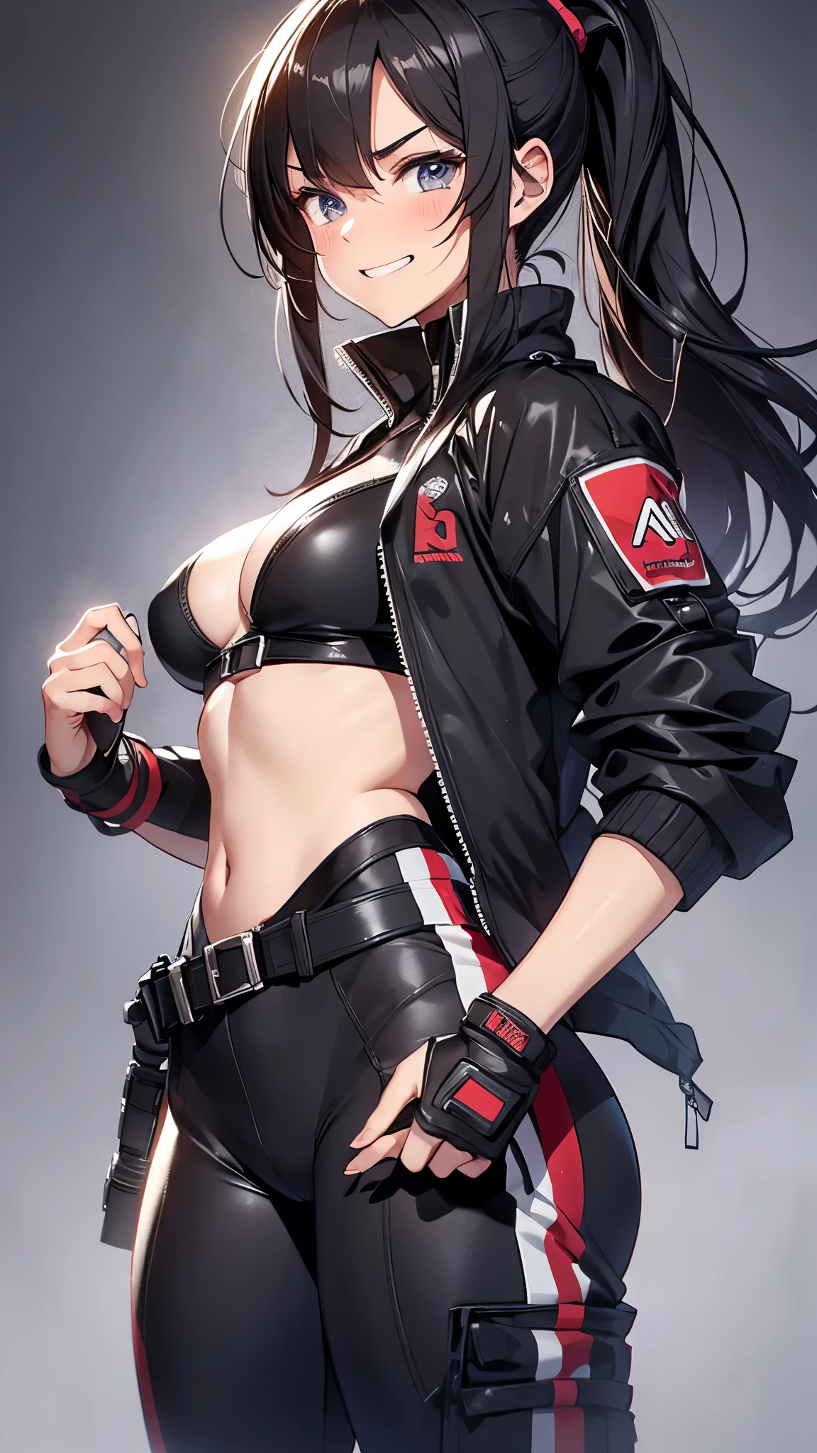 masterpiece,best quality,high resolution,8k,ultra HD,wallpaper,illustration,perfect face,cowboy shot,beautiful detailed eyes,extremely detailed face,perfect lighting,extremely detailed CG,perfect anatomy,perfect body,perfect hands,perfect fingers,1woman,full body,,muscle fighter body,(black long hair),red eyes,large breasts,Medium ass,,(black tube top with open green jacket),leather hot pants,clothed,,collarbone,,looking at viewer,(),Steam,sweat, on the bed,(Zenless Zone Zero character miyabi),adult,(black foxtail from coccyx:1.1),black fox ears,cameltoe