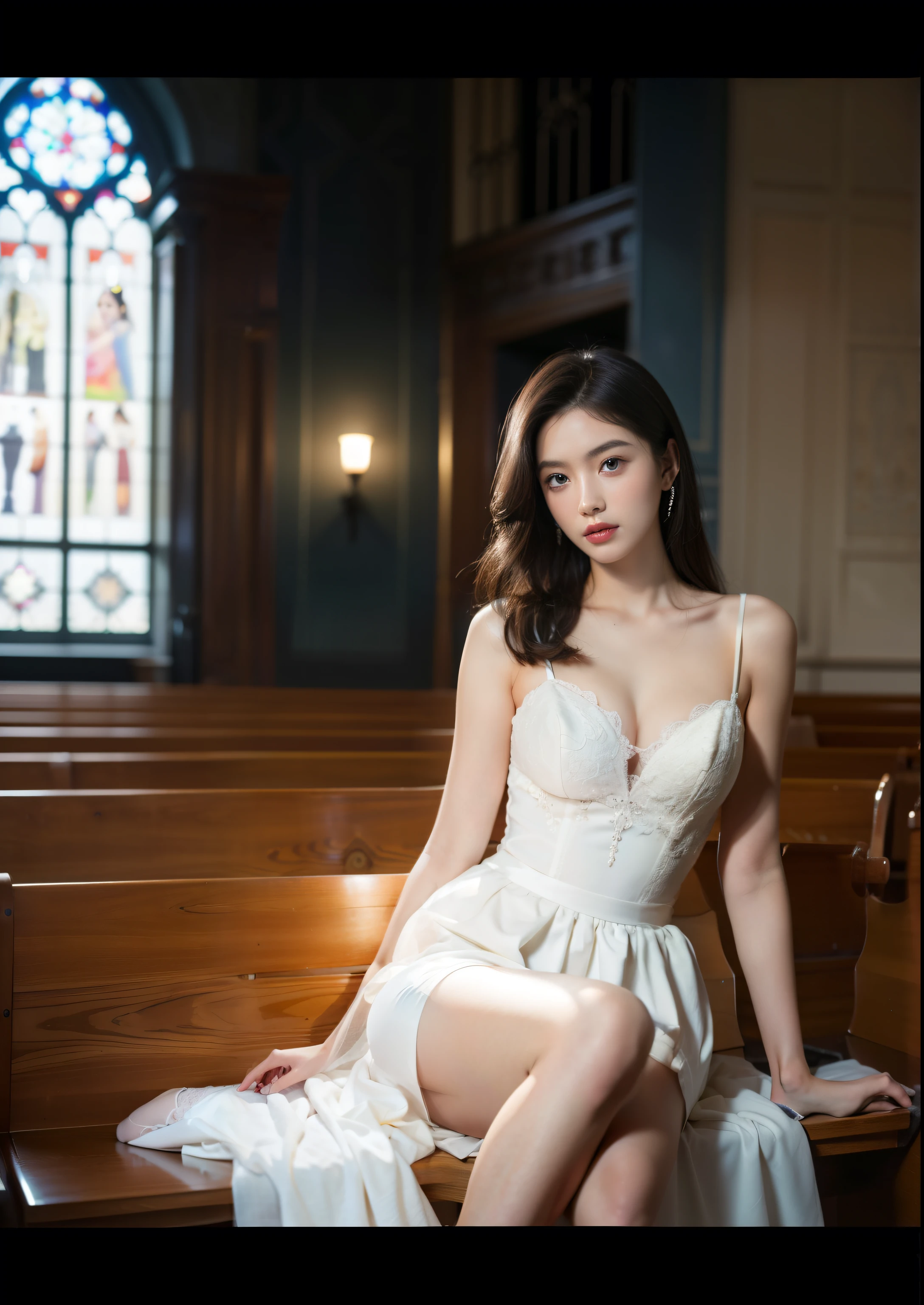 Beautiful 25 year old tall and slender woman。perfect legs. perfect face. She is fashion model. She is staying in the old classic church. She is wearing a wedding dress that a leg is visible. She is illuminated by sunset light. the evening church lights is on . her dark brawn hair. High resolution、masterpiece、highest quality、頭w:1.0、((Hasselblad Photos))、fine skin、(movie lighting)、clavicle . full body picture.