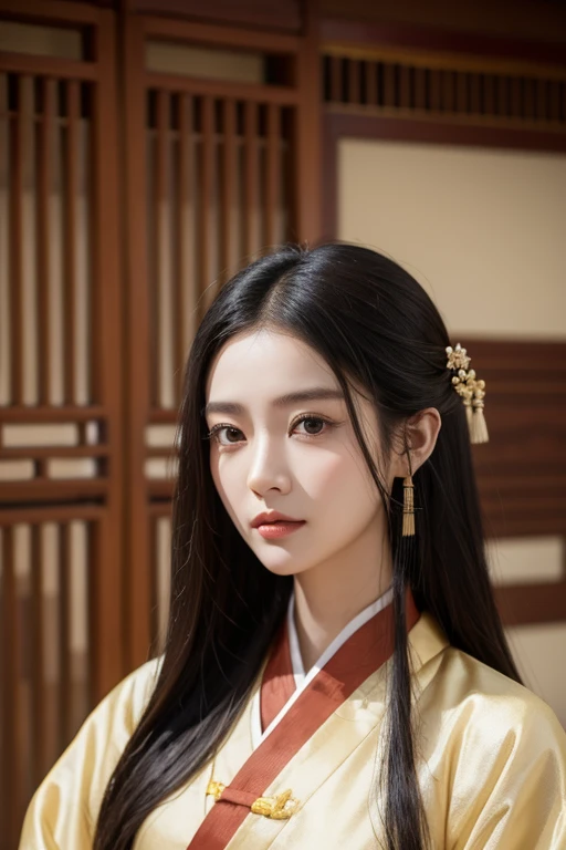 (Young woman:1.4,), 30 years, black brown hair,Chinese-style coiled hair, kind face,.Asia face,looking at the camera in,Wearing Hanfu clothing,The temperament is elegant，Perfectly Centered Portrait Photo,calm expression, smart, serious, acupuncture, chinese medicine, inspired by dae jang geum, inspired by Tan Yunxian, inspired by Imperial Doctress