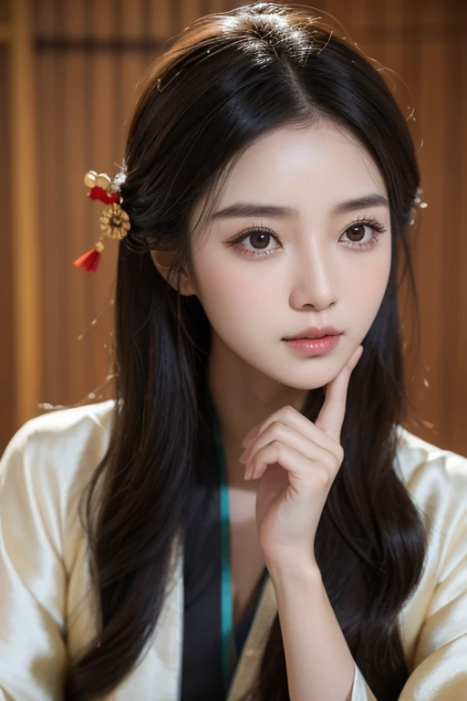 (Young woman:1.4,), 30 years, black brown hair,Chinese-style coiled hair, kind face,.Asia face,looking at the camera in,Wearing Hanfu clothing,The temperament is elegant,Perfectly Centered Portrait Photo,calm expression, smart, serious, acupuncture, chinese medicine, inspired by dae jang geum, inspired by Tan Yunxian, inspired by Imperial Doctress
