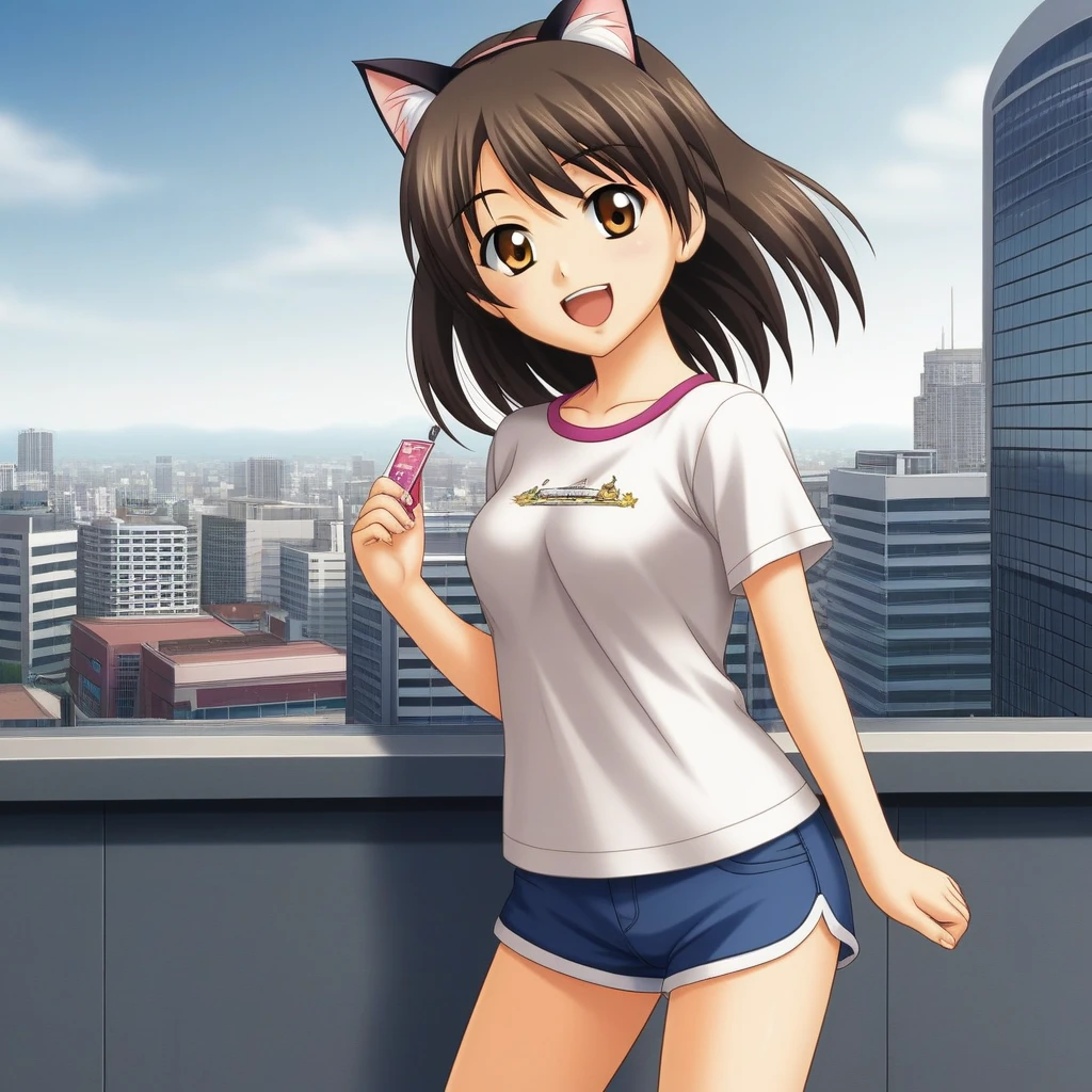 source_anime, masterpiece, best quality, 1girl, cat ears, shirt, shorts, city background, smile, open mouth