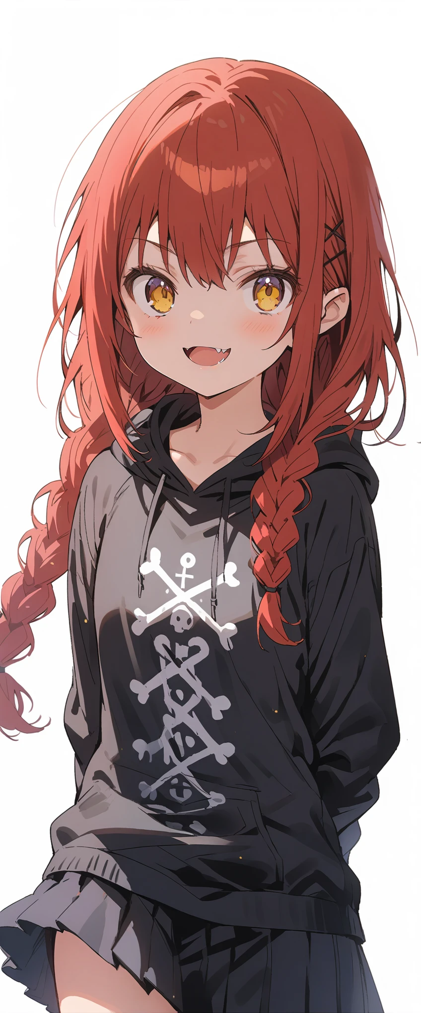 Solid white background、white background、Blank background、Ultra-high resolution, highest quality,Solo,just standing girl, One young girl、Full body view from the front、fish-bone braid hair、Fishbone Hair、red hair、arms behind back、Put your hands behind your back、Hide your hands、beautiful detailed eyes、Red hair x yellow eyes、yellow eyes、Serious expression、 Smile with mouth wide open、plain black hoodie、Black pleated skirt、barefoot