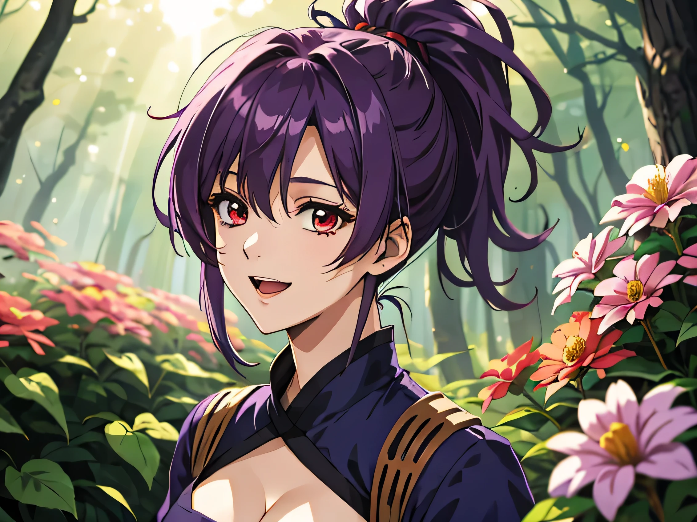 highest quality, (masterpiece:1.2), Very detailed, Flowers, forest, One Girl, alone, yuzuriha,Show Viewer, Medium chest, smile, Open your mouth,Red eyes, Purple Hair, ponytail, Cleavage, Ninja, Ninja service, Dark blue clothing, Mouth closed, sunlight, Backlight, whole body, 