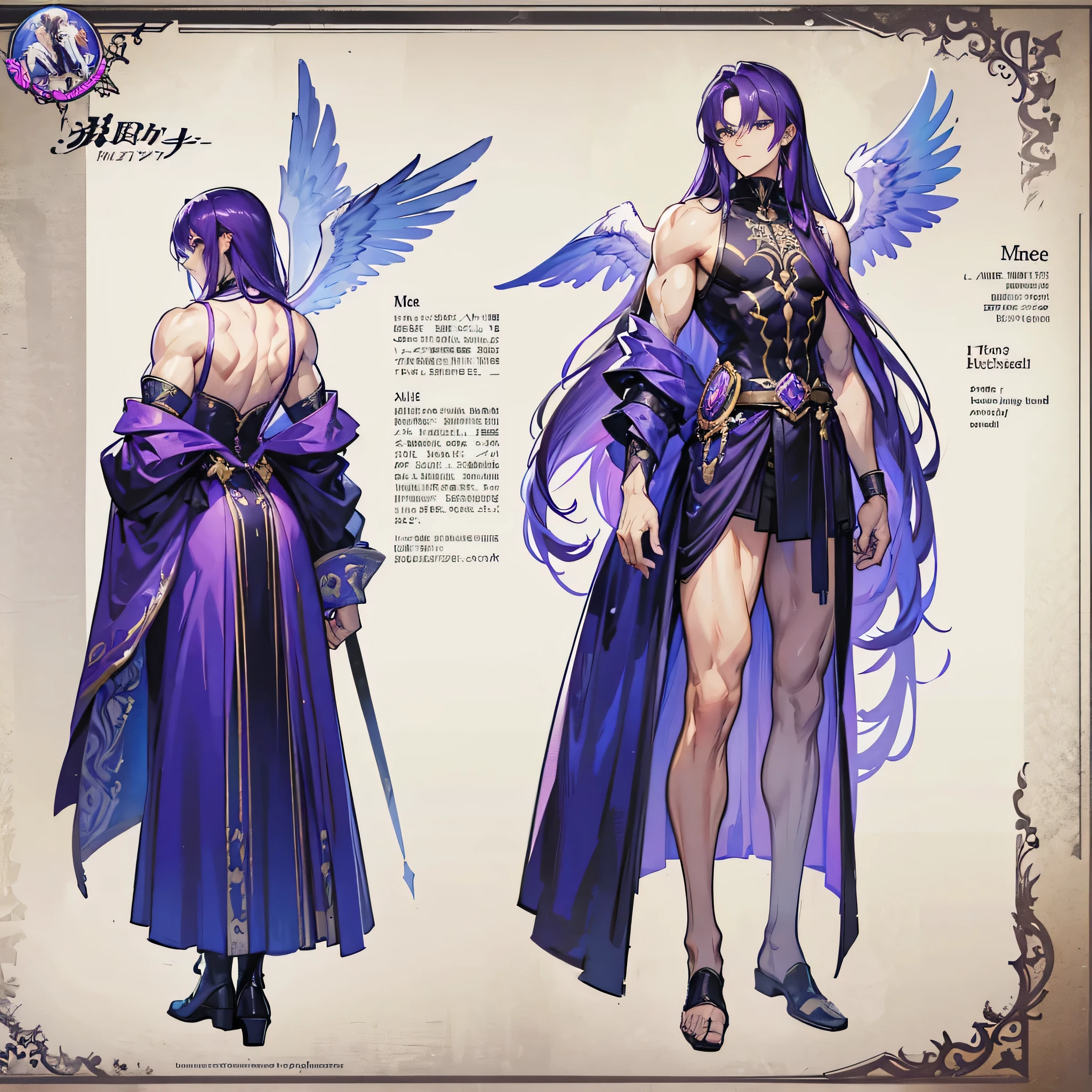 (Masterpiece, best quality), detailed, 1 man, ((character concept art)), ((character design sheet, same character, front, side, back)), full body, body complete, 1 Male, 1 Man, Detailed face, character design sheet,full bodyesbian, Highly detailed, character sheet, character design, Many parts, dark skin, angel wings, long purple hair, angel outfit, muscle male god, male clothes, masculine, muscle man, male muscle, manly, male angel, Muscle male with purple long hair,beautiful man