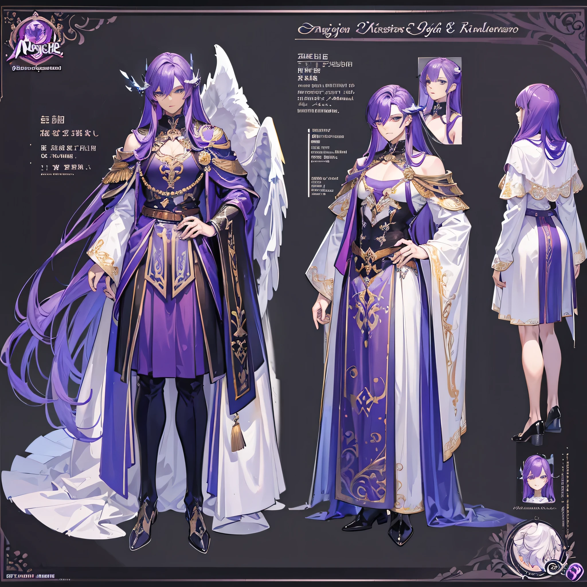 (Masterpiece, best quality), detailed, 1 man, ((character concept art)), ((character design sheet, same character, front, side, back)), full body, body complete, 1 Male, 1 Man, Detailed face, character design sheet，full bodyesbian, Highly detailed, character sheet, character design, Many parts, dark skin, angel wings, long purple hair, angel outfit, muscle male god, male clothes, masculine, muscle man, male muscle, manly, male angel, Muscle male with purple long hair，beautiful man