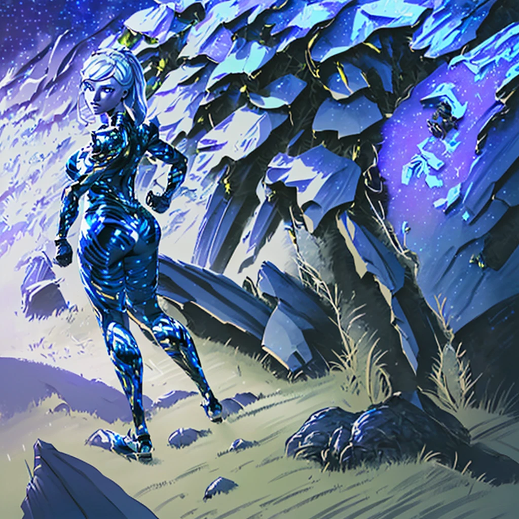 a woman in a futuristic skin-tight cyber armor, action pose with high-tech weapons, star field background, dramatic lighting, photorealistic, cinematic, hyper-detailed, 8k, best quality, realistic, intricate details, masterpiece