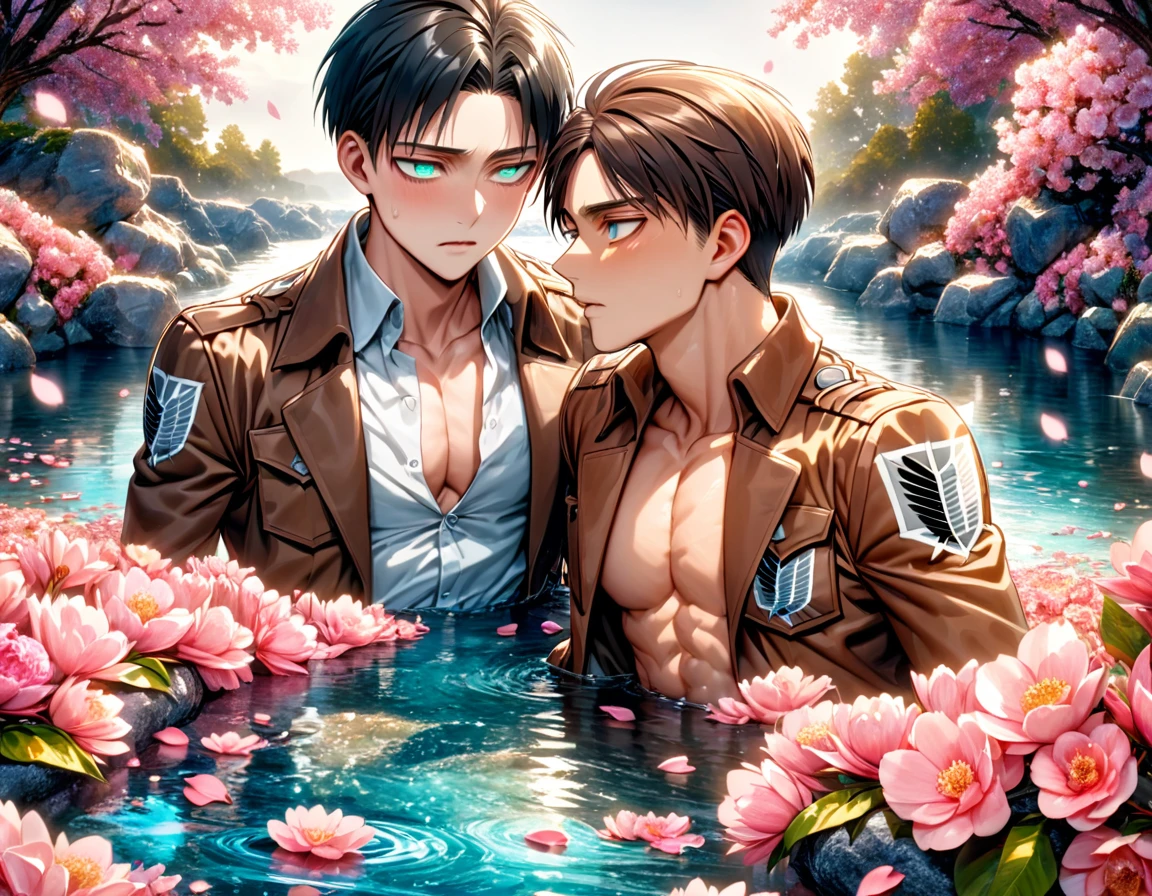 Ultra detailed, Highres, absurdres, HDR, master piece, Eren Jeager, brown hair, expressive turquoise eyes, Levi Ackerman, black hair, expressive silver eyes, Shingeki No Kyojin, two sexy man together, gay couple, love, extremely detailed eyes and face, water, pink flowers, blossoms, petals, fantasy, magic, best quality, sexy, toned chest, brown jacket, white shirt, handsome, yaoi