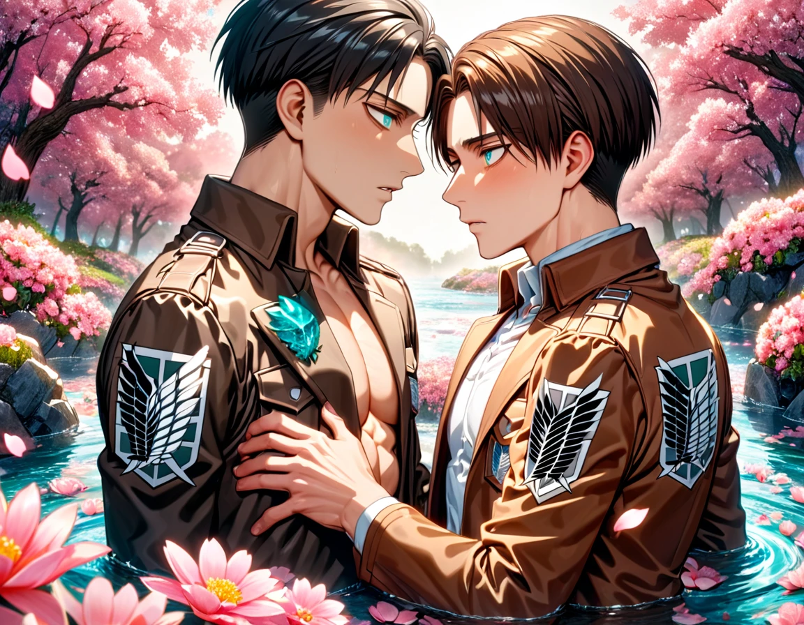 Ultra detailed, Highres, absurdres, HDR, master piece, Eren Jeager, brown hair, expressive turquoise eyes, Levi Ackerman, black hair, expressive silver eyes, Shingeki No Kyojin, two sexy man together, gay couple, love, extremely detailed eyes and face, water, pink flowers, blossoms, petals, fantasy, magic, best quality, sexy, toned chest, brown jacket, white shirt, handsome, yaoi