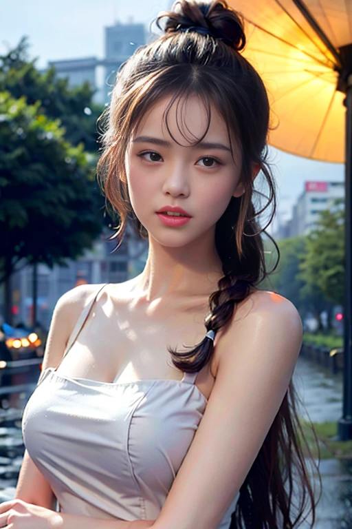 1 girl , big long hair, Bun hairstyle, Upper Body, Close-up photo, facing the camera, D cup breasts, There is a round protrusion on the chest, angry, Gathering Qi in the mouth, rain , Street View.