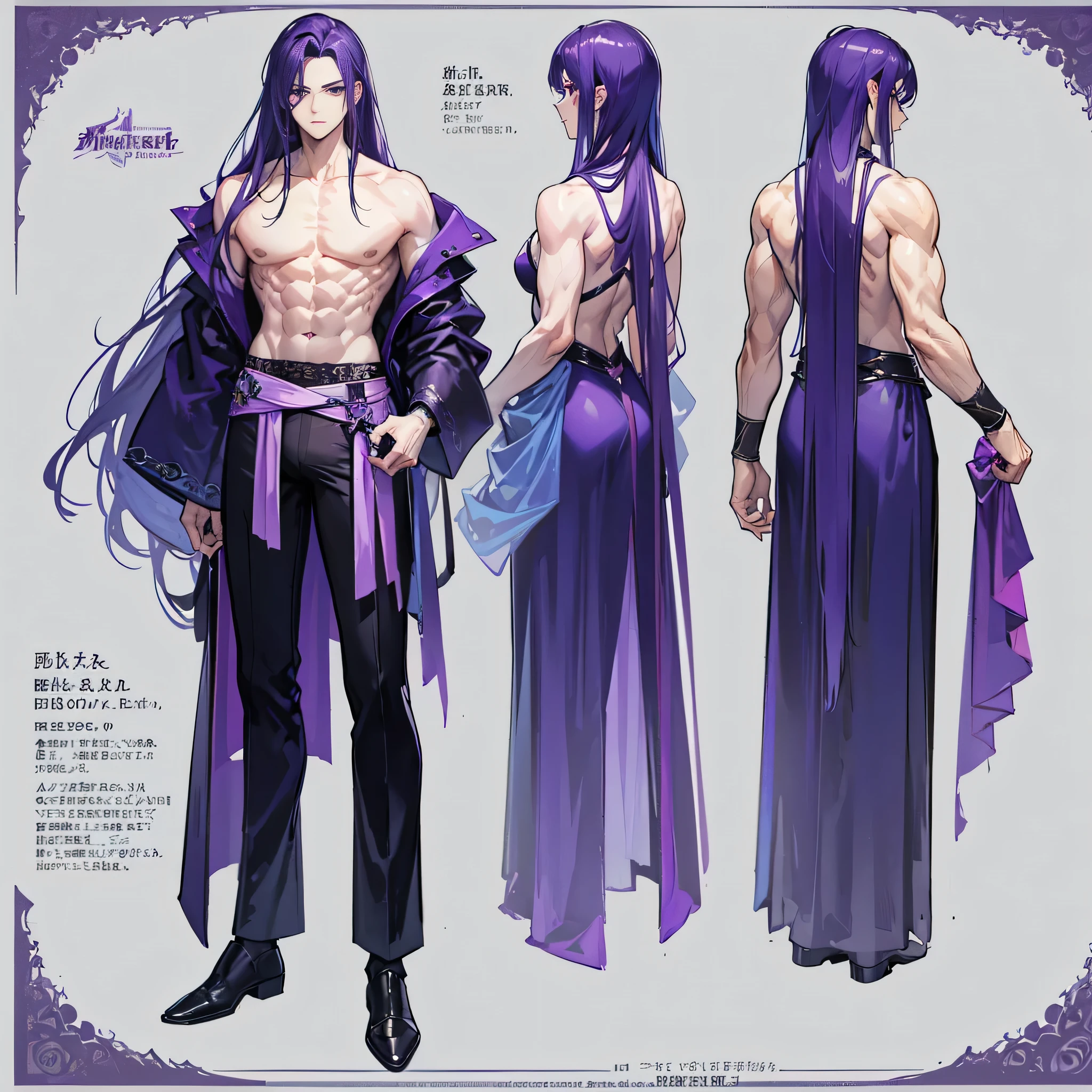 (Masterpiece, best quality), detailed, 1 man, ((character concept art)), ((character design sheet, same character, front, side, back)), full body, body complete, 1 Male, 1 Man, Detailed face, character design sheet,full bodyesbian, Highly detailed, character sheet, character design, Many parts, dark skin, angel wings, long purple hair, male angel outfit, masculine, muscle male god, muscle man, male muscle, manly, male angel, Muscle male with purple long hair, beautiful man