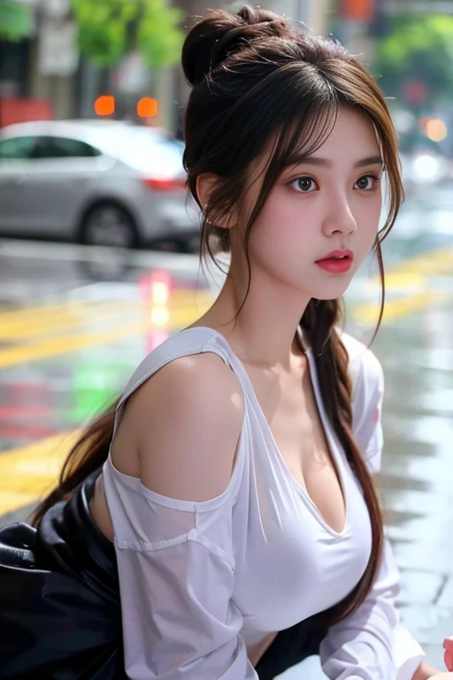 ((Best quality, 8k, Masterpiece: 1.3)), Contour: 1.2, Perfect body beauty: 1.4, Butt: 1.2, ((ponytail, Round chest: 1.5, cleavage exposed) ), (Rain, Street: 1.3), Headband dress: 1.1, Highly detailed face and skin texture, Beautiful eyes, Double eyelids, White skin, Long hair, (Silent: 1.3), Full close ,Ultra HD,8K