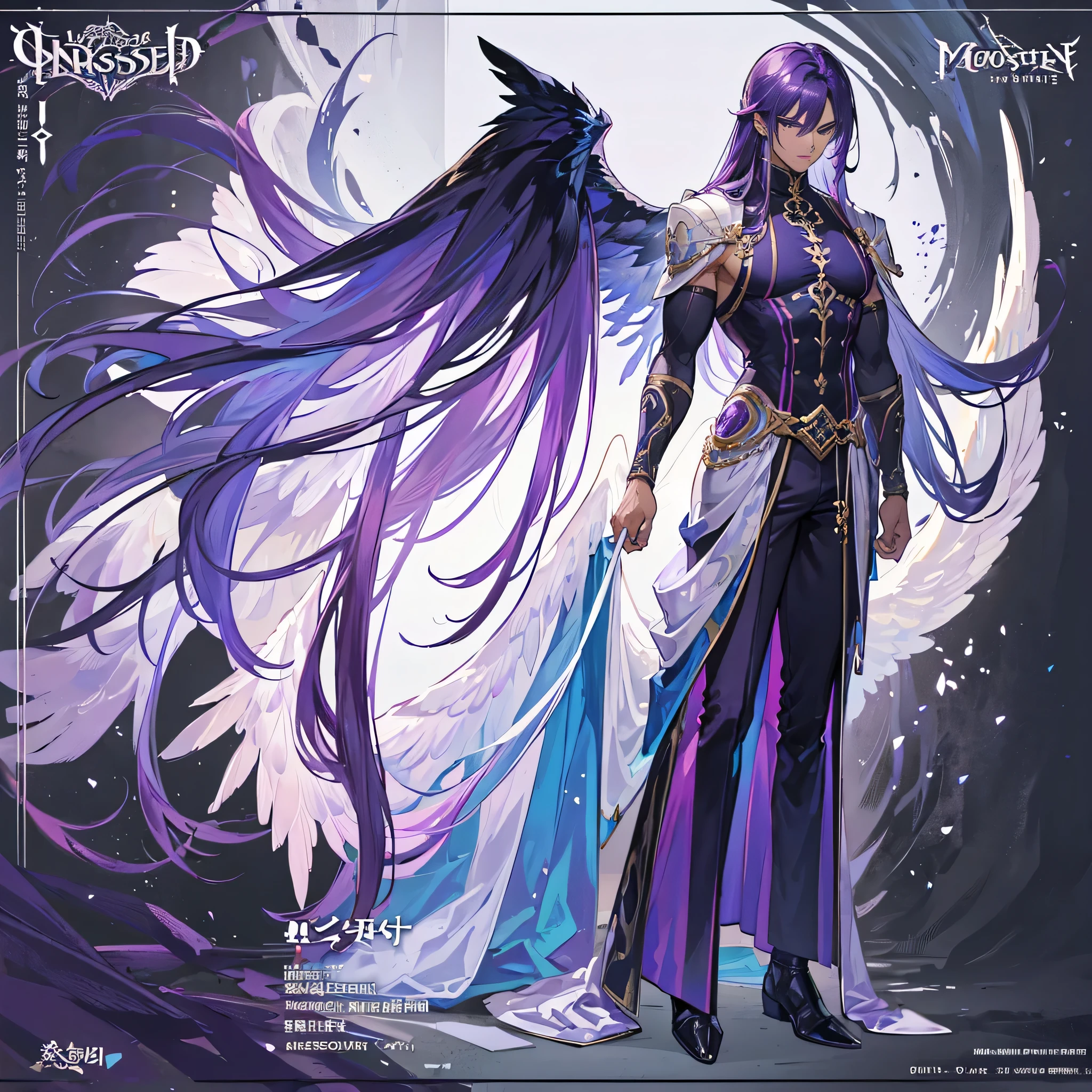 (Masterpiece, best quality), detailed, 1 man, ((character concept art)), ((character design sheet, same character, front, side, back)), full body, body complete, 1 Male, 1 Man, Detailed face, character design sheet,full bodyesbian, Highly detailed, character sheet, character design, Many parts, dark skin, angel wings, long purple hair, angel outfit, muscle male god, male clothes, masculine, muscle man, male muscle, manly, male angel, Muscle male with purple long hair,beautiful man
