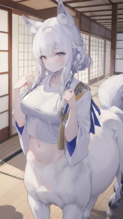 (best quality, masterpiece), 1 girl, centaur, It takes, White skin, Japanese , exposing the abdomen,belly button t-shirt, 아름다운 소녀 perfect wolf photo, perfect wolf photo