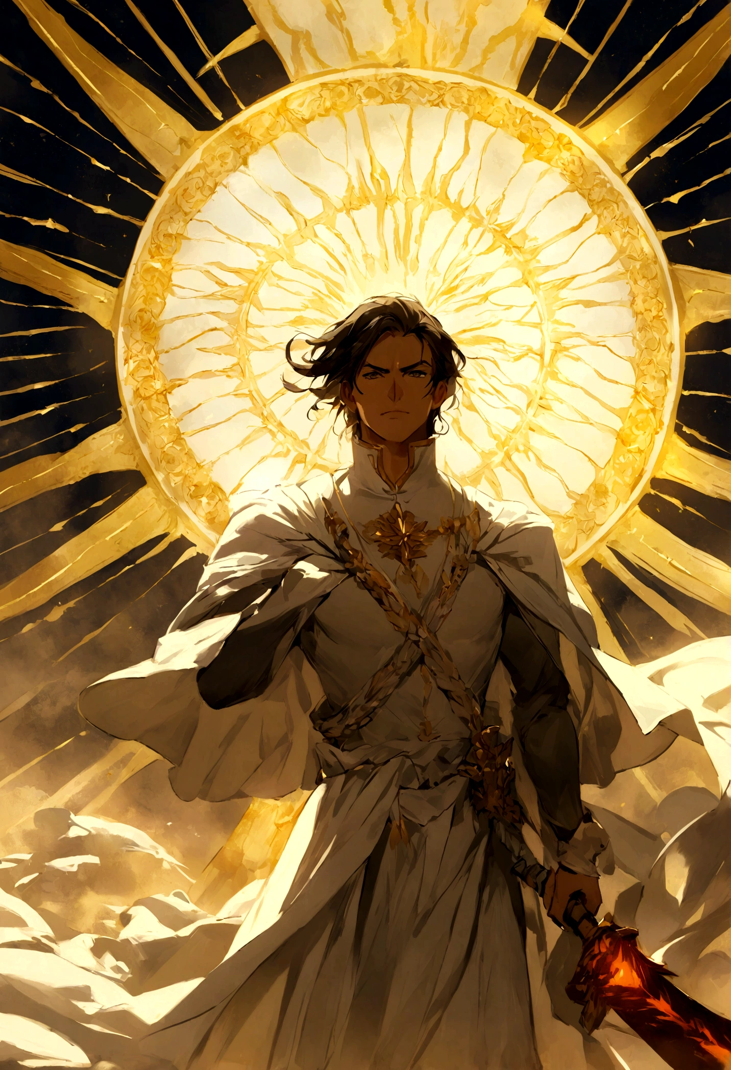 Create an image of Archangel Michael in the middle of a celestial battle. Miguel, vestido con una armadura resplandeciente, he holds a flaming sword in one hand and a radiant shield in the other. His expression is calm but determined as he faces hordes of demons that writhe and fade before his divine power.. The sky behind him is illuminated by heavenly light, y se vislumbran destellos de otras figuras angelicales luchando en la distancia. The scene is full of energy and dynamism, transmitting the strength and protection that Archangel Michael represents for believers