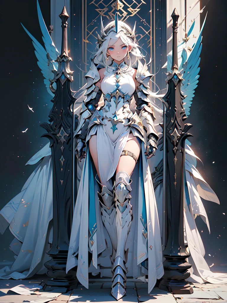 (((masterpiece, best quality, high detailed, 8k))) Design a layout showcase Gaming character, (1girl). valkyrie White|Blue|Gold armor, elegant and majestic. ((showcase weapon:1.4)), celestial sword. (masterpiece:1.2), (best quality), 4k, ultra-detailed. (Step by step design, layout art:1.5), (luminous lighting, atmospheric lighting). divine warrior, ((glove full hands)), (((regal armor:1.3))), shoulder pauldrons, armored boots, (((full_body_shot:1.4))). {In a radiant celestial realm}.