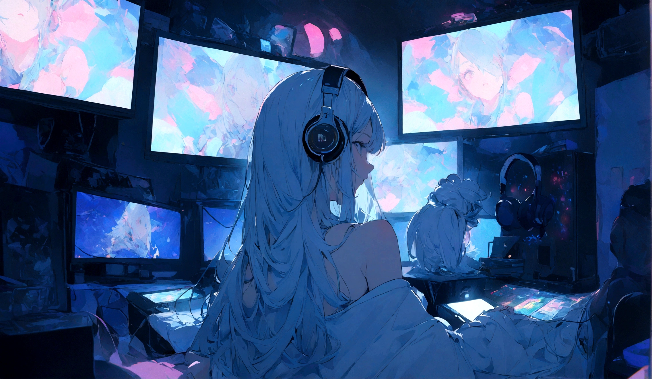 A gaming PC, a room bright with LED lights, a female gamer, a simple and cute room, a beautiful and cute woman using a PC, a woman, ((PC monitors are only 1 horizontal and 1 vertical) ), blue and white theme, the room has white walls and blue LED lights on the four corners of the room, there is a woman from behind in the center of the screen, 8k, super sharp focus, (((For women Screen ratio Raise))), woman looking at a PC from behind in the center, headphones, microphone, neon lights, black lights, masterpiece, top quality, volume lighting, bright and fun atmosphere,
