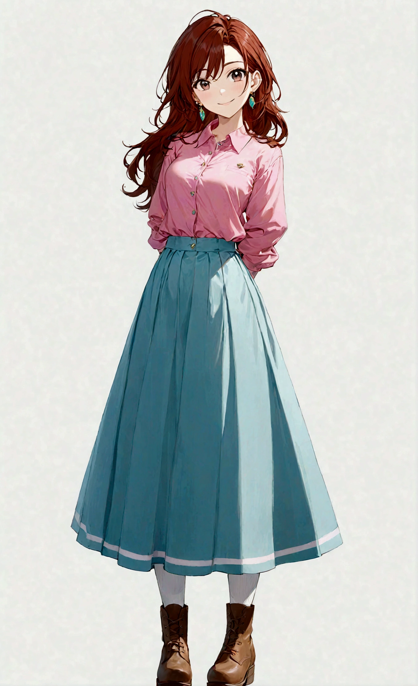 1girl, solo, long hair, breasts, looking at viewer, smile, skirt, simple background, brown hair, shirt, long sleeves, white background, jewelry, standing, full body, earrings, boots, blue skirt, brown footwear, arms behind back, pink shirt, long skirt