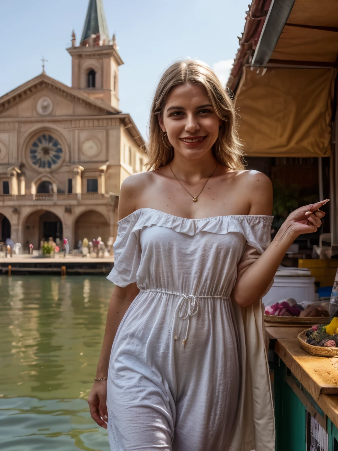 A Stroll Along Lungolago Salò 

Sunlight paints the calm waters of Lake Garda with a golden sheen as LaGermania, a picture of casual elegance, strolls along the majestic Lungolago Salò. Her outfit, a flowing floral sundress in cool cotton, dances with the gentle breeze. A single strand of her straw-blonde hair escapes the loose braid that rests on her shoulder, framing her face etched with a tranquil expression.  Her laughter mingles with the rhythmic lapping of waves against the shore, creating a symphony of summer sounds. In the background, colorful boats bob gently on the water, reflecting the vibrant sky. The imposing facade of the Duomo di Santa Maria Annunziata dominates the skyline, a reminder of the town's historical significance.  Street vendors display their wares, their colorful stalls adding a touch of local charm to the scene.  LaGermania pauses to admire a display of handcrafted jewelry, a single silver pendant catching her eye.  With each step, she absorbs the beauty and energy of Salò's captivating waterfront.