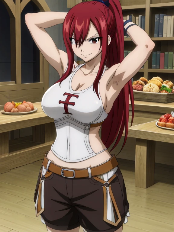 masterpiece, best quality, highres, anime style, anime official art,fairy tail, 1girl, long hair, red hair, ponytail, white ribbon, hair over one eye, brown eyes, seductive smile, large breasts, collarbone, armor outfit, midriff, cowboy shot, indoors, standing, arms up,armpits, armpits visible