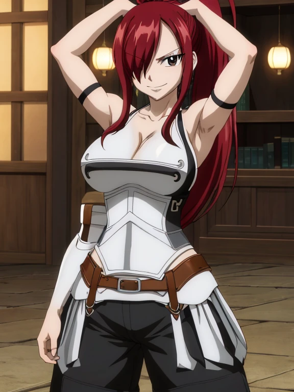 masterpiece, best quality, highres, anime style, anime official art,fairy tail, 1girl, long hair, red hair, ponytail, white ribbon, hair over one eye, brown eyes, seductive smile, large breasts, collarbone, armor outfit, midriff, cowboy shot, indoors, standing, arms up,armpits, armpits visible
