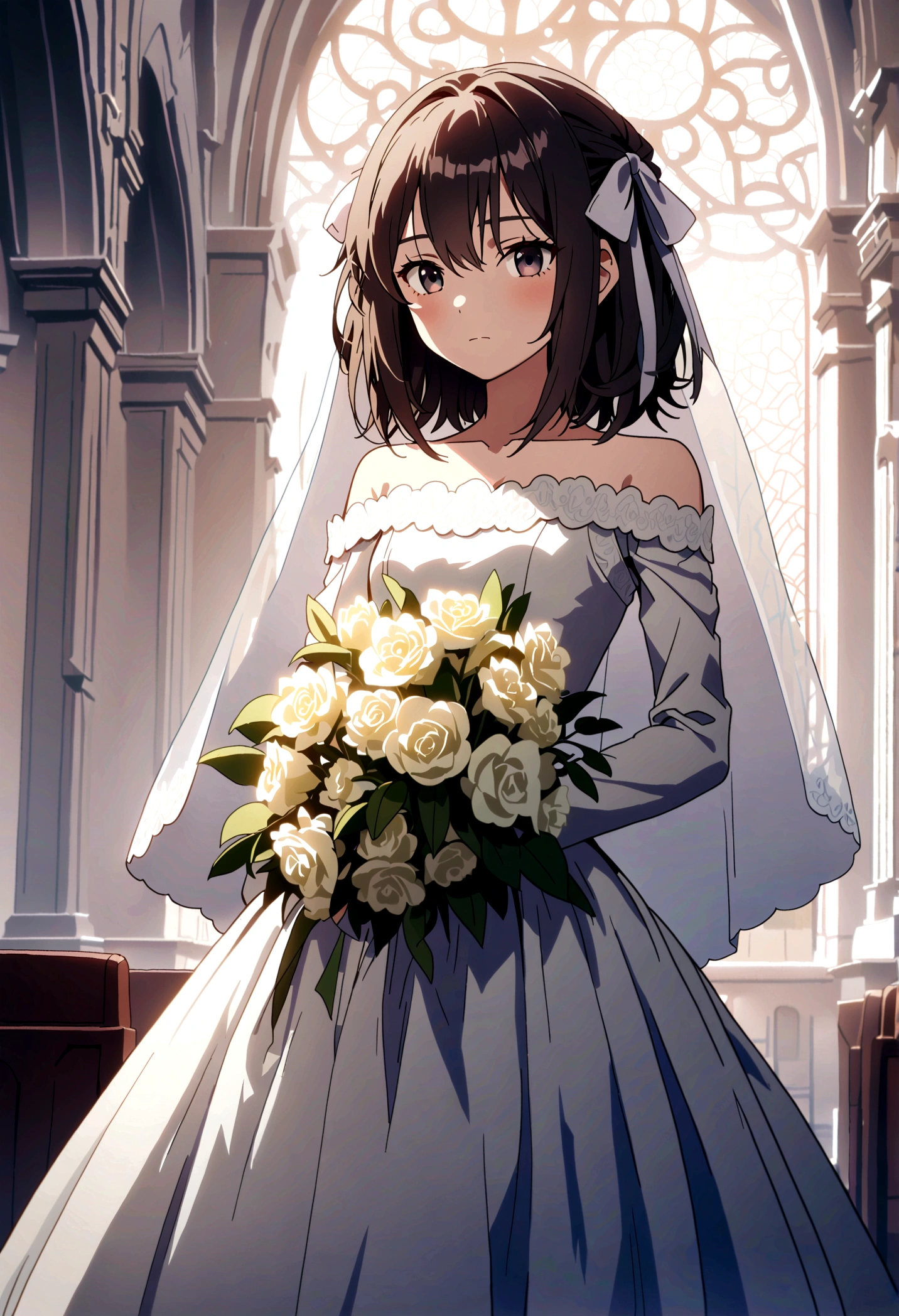 (((Best quality))),((Ultra-detailed)),((illustration)),((Disheveled hair)),((frilld)),(1 girl),(Solo),masterpiece, best quality, highres, nn1, 1girl, hair ribbon, short hair, wedding dress, wedding_veil, bouquet, church, cowboy shot,