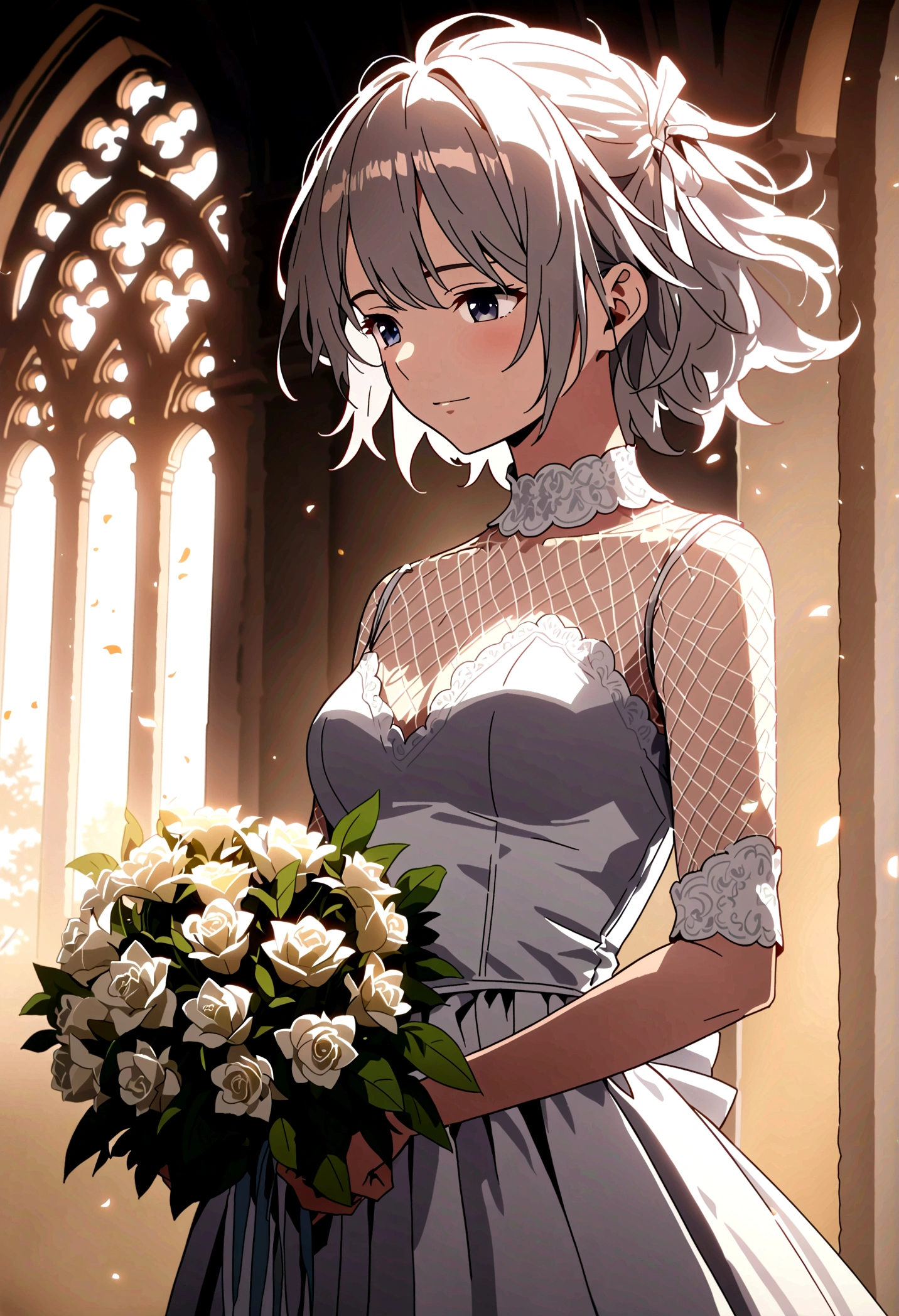 (((Best quality))),((Ultra-detailed)),((illustration)),((Disheveled hair)),((frilld)),(1 girl),(Solo),masterpiece, best quality, highres, nn1, 1girl, hair ribbon, short hair, wedding dress, wedding_veil, bouquet, church, cowboy shot,