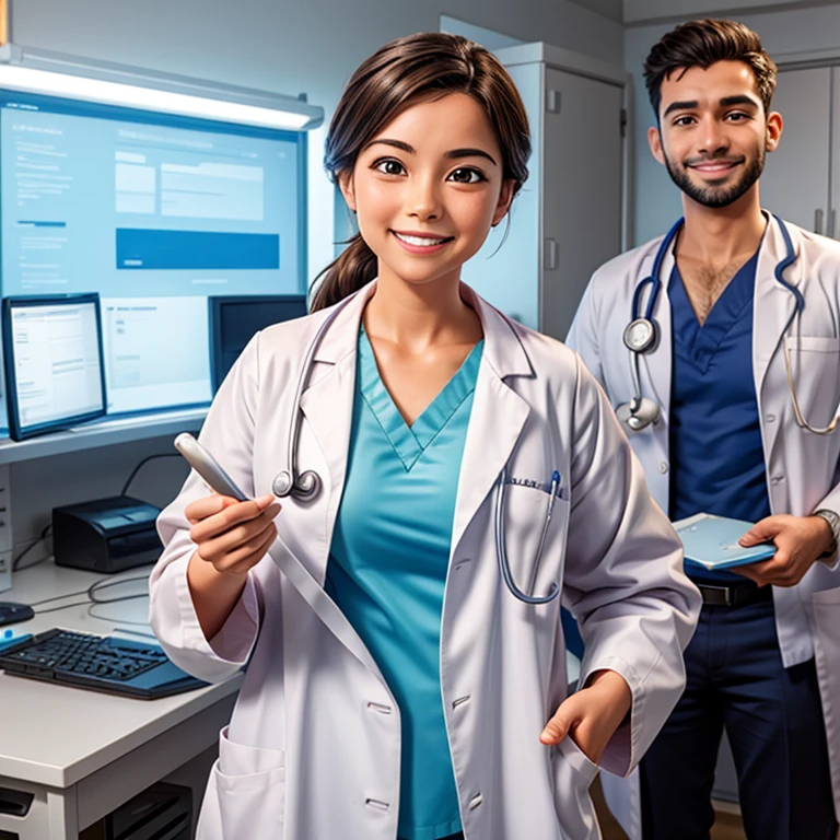 create An image of a smiling doctor with satisfied patients in the background.