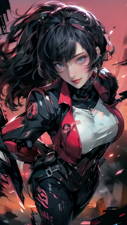 solo, 1 female, character centered in image, A beautiful girl with short black hair, latex bodysuit, close up shot, bust, retro anime, black and white, monochrome, red eyes, tattoo's piercings, cute, pin up