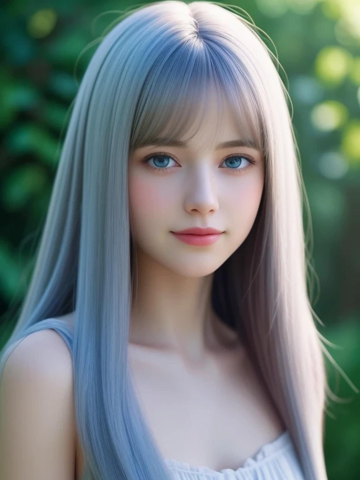 looking away, Realistic digital painting of a woman portrait, Shy, Cute Smile, blue eyes, (medium Hair:1.1), bangs, (Soft silky Hair:1.3), (Highly detailed skin:1.2), Mystical style, Global Illumination,