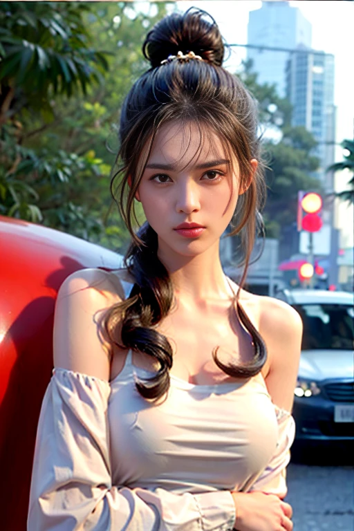 1 girl , big long hair, Bun hairstyle, Upper Body, Close-up photo, facing the camera, D cup breasts, There is a round protrusion on the chest, angry, Disdain,  rain , Street View.