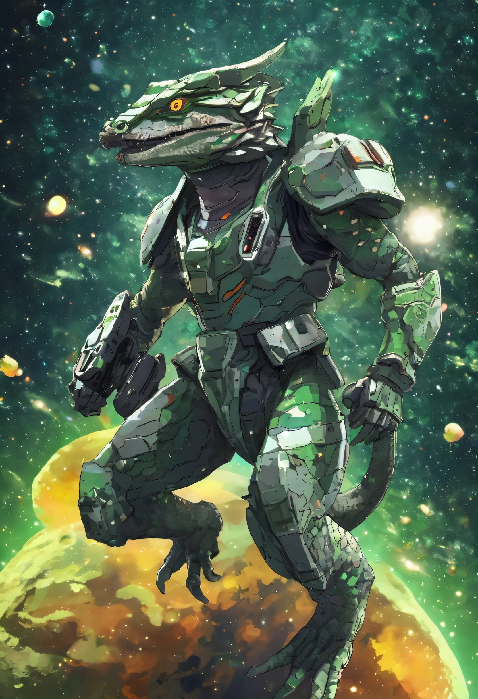 Grey and green scaled old anime lizardman dressed like an anime Gundam pilot in an action pose in outer space on a world filled with fungi. Glittery. Cel shaded. Anime style