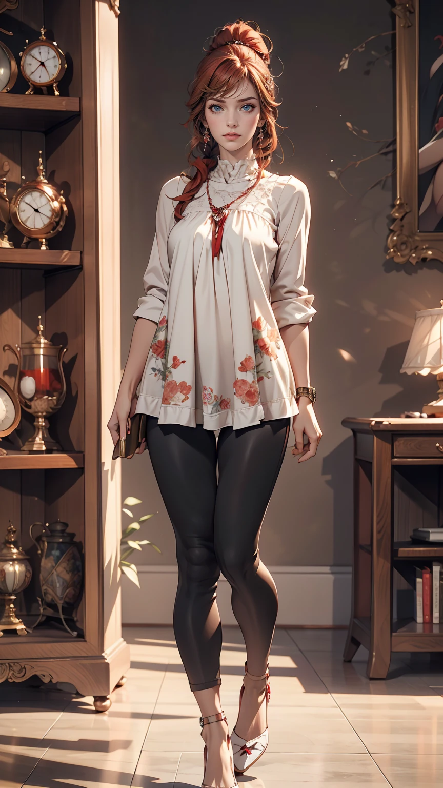 Blue delicate eyes, Embarrassing, Blushing、Red hair、White woman、Sexy proportions、Wear a clock top、Wear low rise leggings、