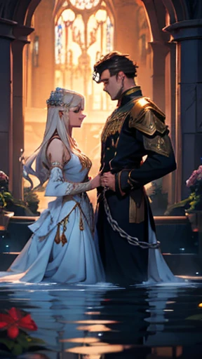 a sexy princess and a lustful man, flowers, glass, water, chains