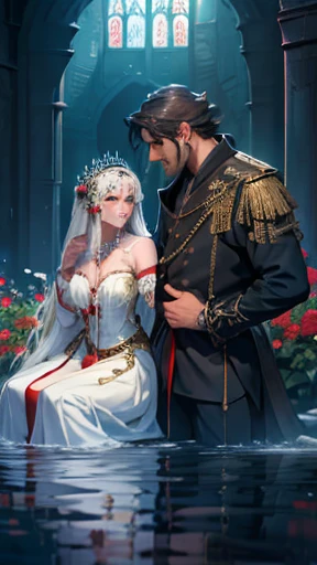 a sexy princess and a lustful man, flowers, glass, water, chains