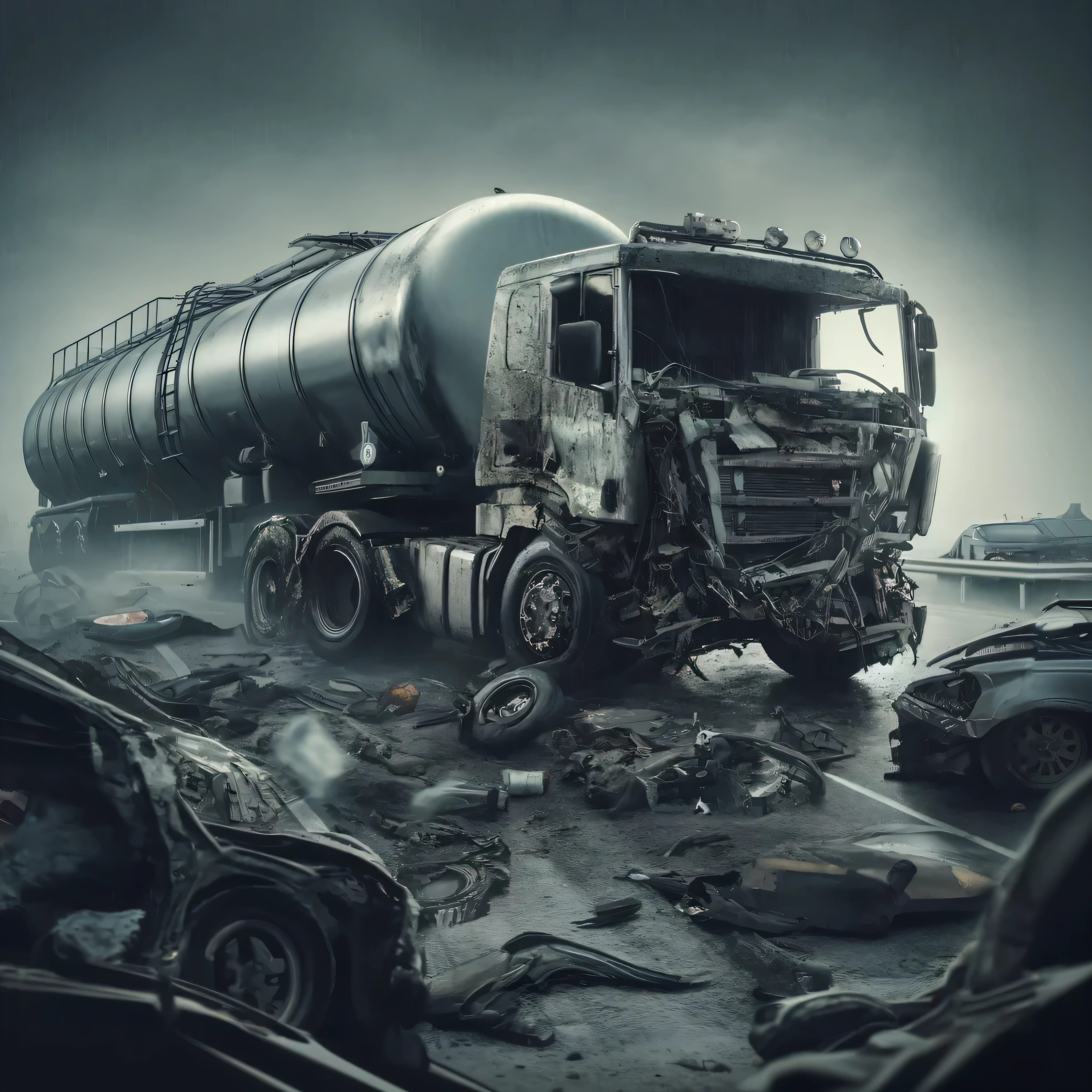 there is a truck that is sitting in the middle of a road, realistic Revelation war scene, post Revelation scene, wrecked cars, Realistic dark concept art, author：Adam Malchinsky, highly realistic concept art, 3 d octano render conceptart, ( Revelation ) Eight thousand, author：Ludvik Konazewski, digital art rendering, truck, post Revelation setting