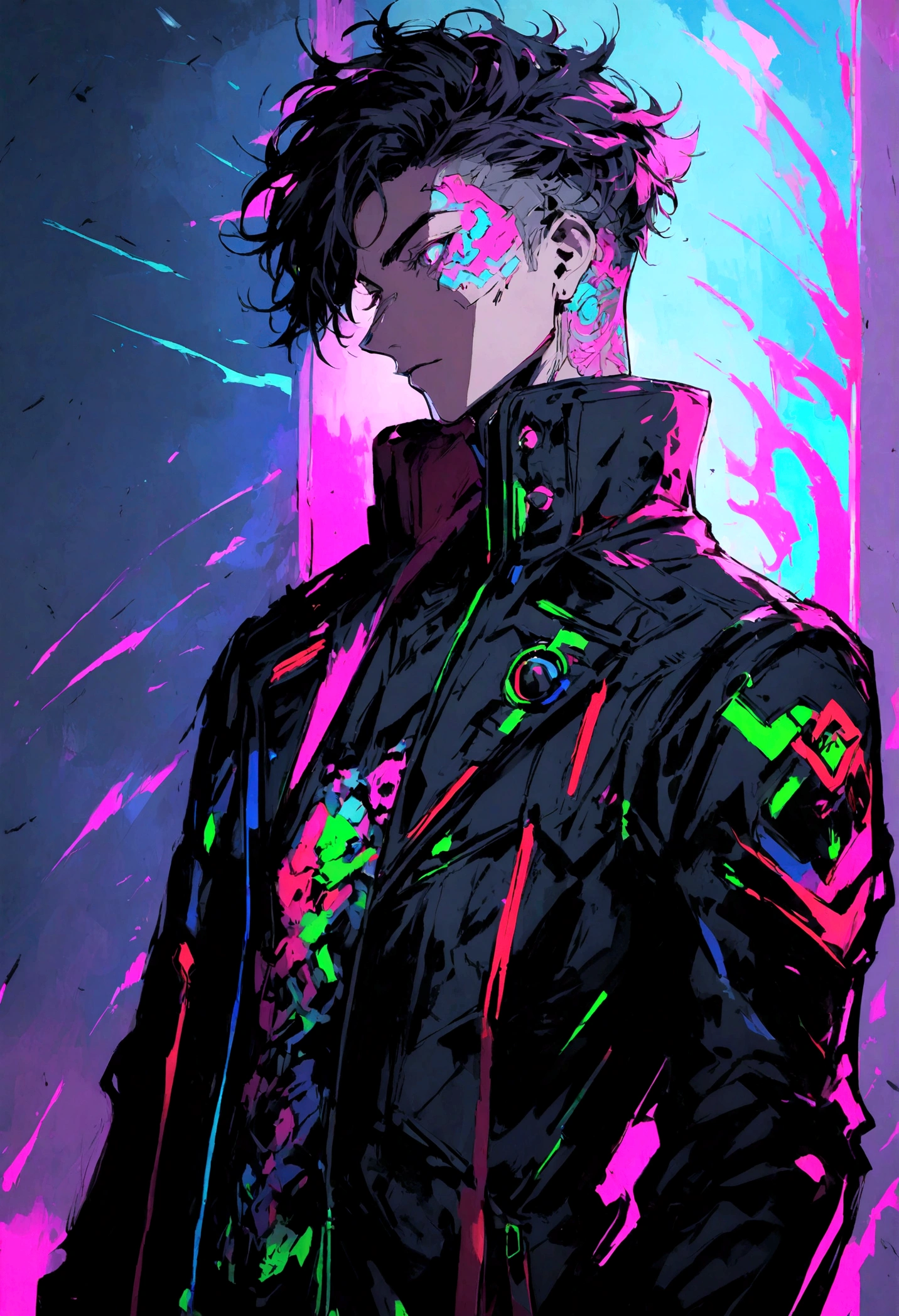 Cyberpunk male character with corporate style black jacket, fundo empresarial