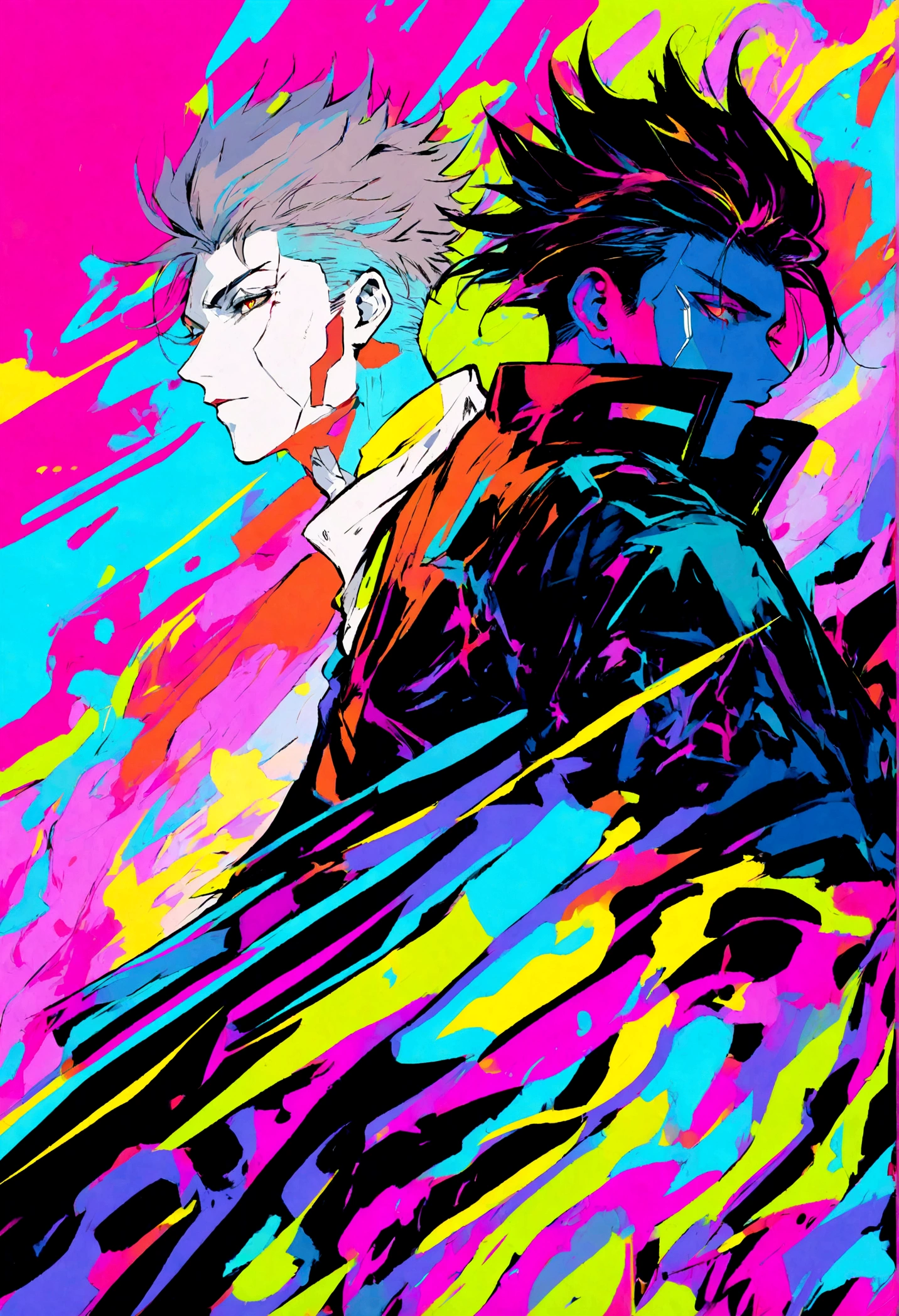 Cyberpunk male character with corporate style black jacket, fundo empresarial 
