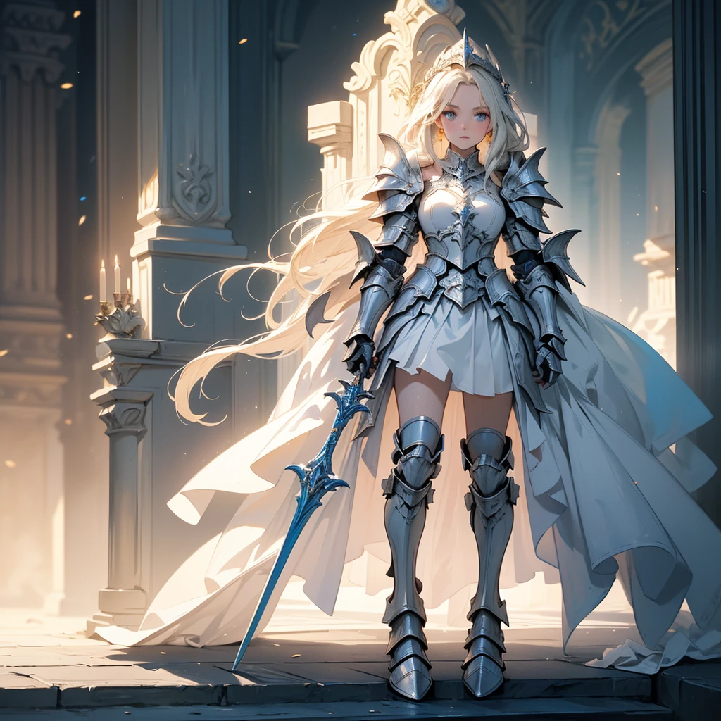 (((masterpiece, best quality, high detailed, 8k))) Design a layout showcase Gaming character, (1girl). valkyrie White|Blue|Gold armor, elegant and majestic. ((showcase weapon:1.4)), celestial sword. (masterpiece:1.2), (best quality), 4k, ultra-detailed. (Step by step design, layout art:1.5), (luminous lighting, atmospheric lighting). divine warrior, ((glove full hands)), (((regal armor:1.3))), shoulder pauldrons, armored boots, (((full_body_shot:1.4))). {In a radiant celestial realm}.