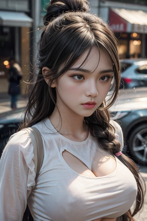 1 girl , big long hair, Bun hairstyle, Upper Body, Close-up photo, facing the camera, D cup breasts, There is a round protrusion on the chest, angry, Disdain, rain , Street View.