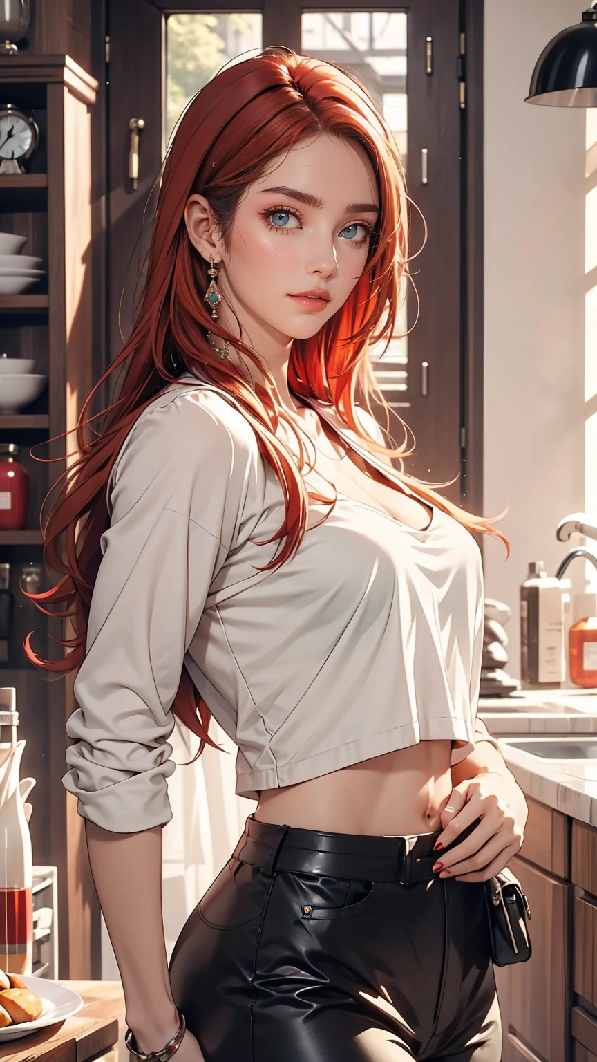 Blue delicate eyes, Embarrassing, Blushing、Red hair、White woman、Sexy proportions、Wear a clock top、Wear low rise leggings、